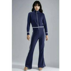 Costum dama - set din doua piese cu dungi - bleumarin - tesatura tricotata imagine