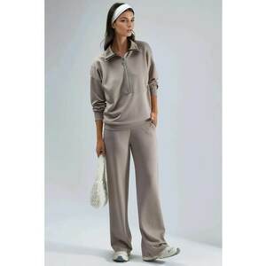Set din doua piese - pantaloni largi - guler cu fermoar - crem - tricotat imagine