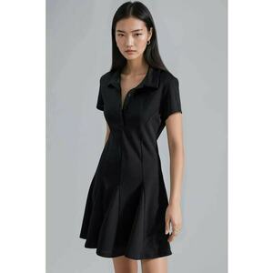 Rochie midi - crep - negru - guler de camasa - cu nasturi imagine