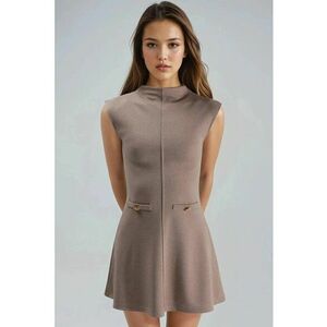 Rochie Mini Guler Inalt - Detaliu Buzunar - Bej Natural - Textil imagine