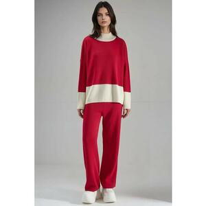 Set tricotat asortat - guler inalt pe jumatate - rosu - tricot - imagine
