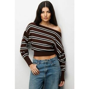 Pulover dama - asimetric - tiv striat - maro/alb - tricot - One Size imagine