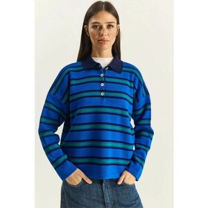 Pulover dama - cu guler polo - acril - albastru/verde - One Size imagine