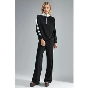 Set din doua piese - hanorac cu guler cu fermoar - pantaloni largi - negru - tricotaj imagine