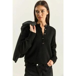 Pulover tricotat dama - Relaxed Fit - guler cu nasturi - negru - acril/poliester/elastan - One Size imagine