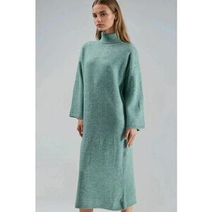 Rochie maxi tricotata - guler inalt - verde salvie - tricot - imagine