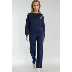 Set de doua piese - bluza brodata cu guler rotund si pantaloni largi - bleumarin - material confortabil imagine