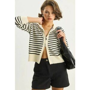 Cardigan dama - cu gluga si fermoar - acril - bej/negru - One Size imagine