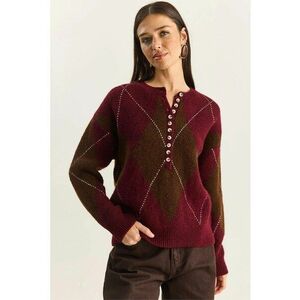 Pulover dama - tricot - guler rotund - inchidere cu nasturi - visiniu/maro - One Size imagine