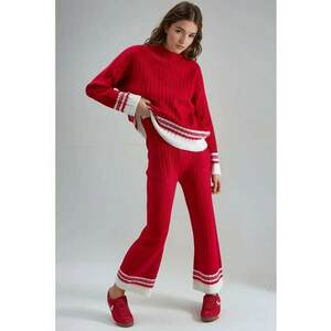 Set tricotat - guler inalt - pantaloni cu talie inalta - rosu - tricot - imagine