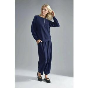 Set din doua piese - guler cu fermoar - pantaloni largi - bleumarin - tricotat imagine