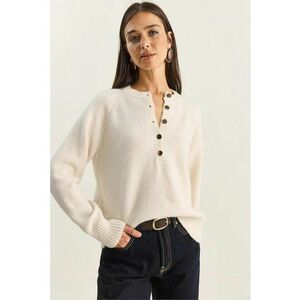 Pulover tricotat dama - croiala relaxata - guler cu nasturi - crem - acril/poliester/elastan - One Size imagine