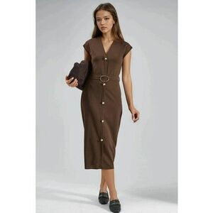 Rochie Midi decolteu in V - culoare maro - textil imagine