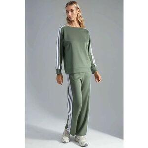 Set din doua piese - guler rotund - maneci lungi - dungi - verde olive - jerseu - imagine