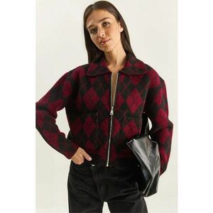 Cardigan tricotat gros dama - cu fermoar - negru/visiniu - tricot - One Size imagine