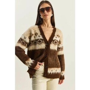 Pulover dama - gros - decolteu in V - model etnic - tricot - maro/bej - One Size imagine