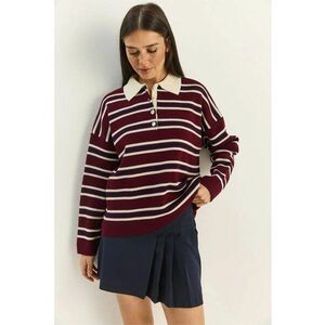 Pulover dama - cu guler polo - acril - alb/visiniu - One Size imagine