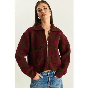 Cardigan dama gros cu fermoar - tricot - maro/visiniu - One Size imagine