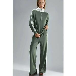 Set din doua piese - hanorac cu guler cu fermoar - pantaloni cu picior larg - verde - material tricotat imagine