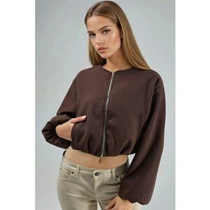 Hanorac dama scurt - cu buzunare - maro - textil imagine