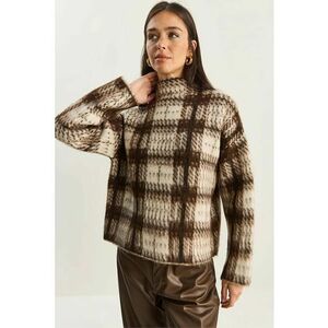 Pulover dama - gros cu guler inalt - carouri - tricot - bej/maro - One Size imagine