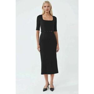 Rochie midi cu curea - guler patrat - neagra - poliester si elastan imagine