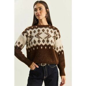 Pulover gros tricotat dama - acril/poliester/elastan - model etnic - guler rotund - maro/bej - One Size imagine