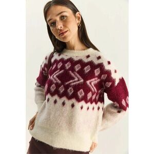 Pulover gros tricotat dama - model etnic - rosu/alb - acril/poliester/elastan - One Size imagine