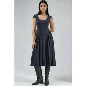 Rochie midi gri inchis - jerseu - cu guler solid si panouri imagine
