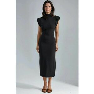 Rochie midi - mulata - guler rotund - neagra - jerseu imagine
