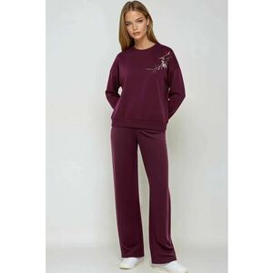 Set din doua piese - bluza cu maneca lunga si guler rotund - pantaloni largi - rosu burgundi - material brodat imagine