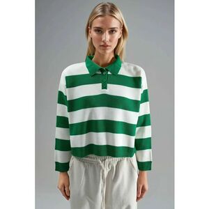 Pulover tricotat dama - guler polo - dungi - verde/alb - One Size imagine