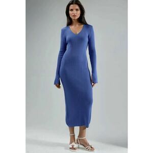 Rochie maxi tricotata - decolteu in V - slit - albastru cerulean - tricot 100% acrilic - imagine