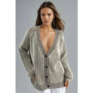 Cardigan tricotat supradimensionat imprimeu zebra - guler V - acril - maro/gri - One Size imagine
