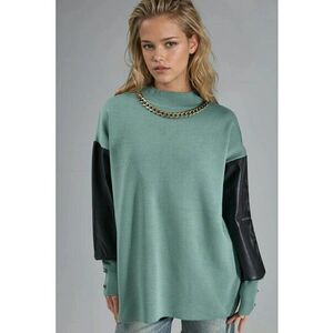 Pulover dama - tricot/Piele Ecologica - Verde salvie - One Size imagine