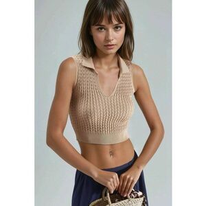 Maiou dama - guler in V - tricot - maro camel - imagine