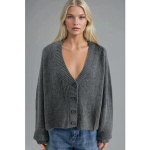 Cardigan scurt dama - tricot - cu nasturi - gri inchis - One Size imagine