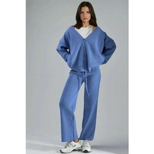 Set tricotat cardigan cu decolteu in V - pantaloni cu picior larg - albastru - tricot - imagine