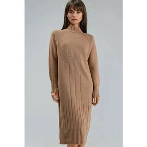 Rochie tricotata - midi - culoare maro camel - material tricot - imagine