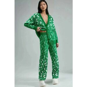 Set cardigan tricotat Jacquard cu decolteu in V si pantaloni largi - Verde - Tricot - imagine