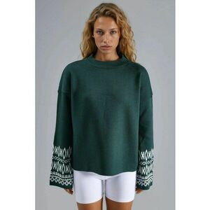 Pulover dama - acril - guler rotund - verde smarald/alb - One Size imagine