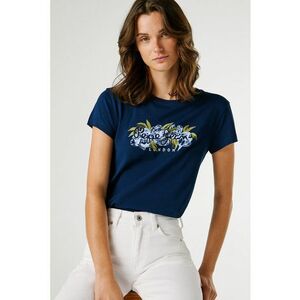 Tricou din bumbac cu logo pe piept si imprimeu floral - Bleumarin imagine