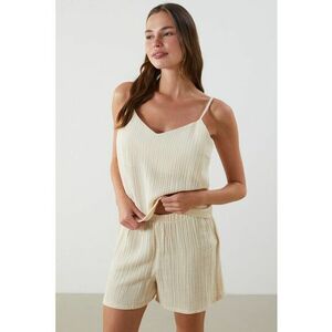 Pijama cu pantaloni scurti si aspect texturat - Bej deschis imagine