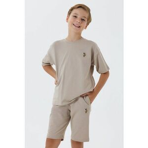 Trening scurt din bumbac cu broderie logo discreta - Maro taupe deschis imagine