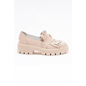 Pantofi loafer din piele cu toc si franjuri - Bej deschis imagine