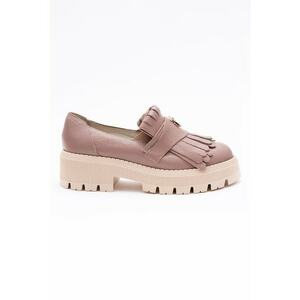 Pantofi loafer din piele cu toc si franjuri - Roz prafuit imagine