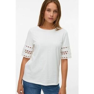Tricou cu decolteu rotund si maneci cu broderii - Alb optic imagine