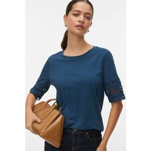 Tricou cu decolteu rotund si maneci cu broderii - Albastru inchis imagine
