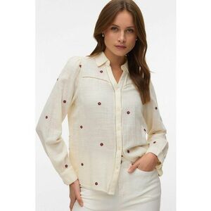 Camasa de bumbac cu broderie florala - Visiniu/Alb fildes/Coral imagine