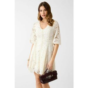 Rochie mini cu broderie si cordon in talie - Alb fildes imagine